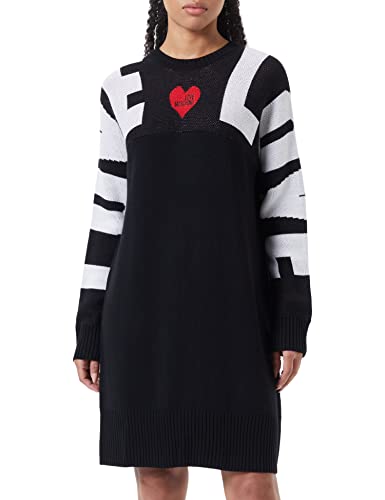 Love Moschino Damska sukienka z długim rękawem, żakardowa, Intarsia i Heart, z logo, haftowana sukienka, czarny, 42