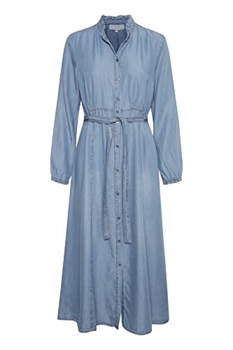 Cream damska sukienka Midi Tie Waist Front Buttons długi rękaw, niebieski, 44