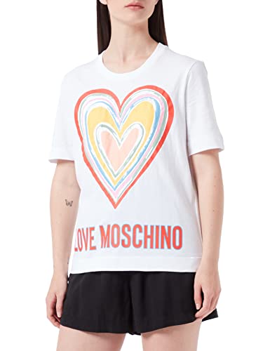 Love Moschino Damska koszulka z dżerseju o regularnym kroju z dżerseju z wielokolorowym sercem, optical white, 42