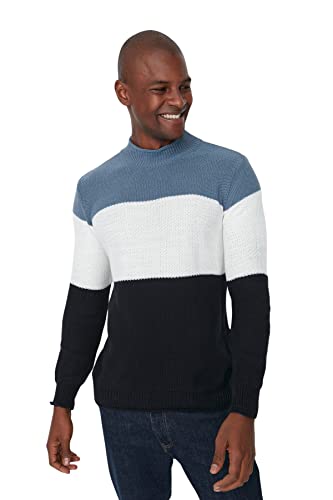 Trendyol Męska bluza z okrągłym kołnierzem Colorblock Slim Sweter, Indygo, S