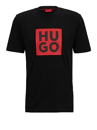 HUGO Męski T-shirt Daltor z bawełny ekologicznej z nadrukiem logo, czarny (Black1), L
