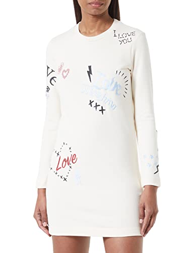 Love Moschino Damska sukienka o regularnym kroju z długim rękawem i emblematami, miłość i szkice, kremowy, 46