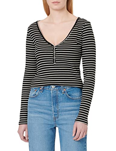 Vila Damska koszulka z długim rękawem Vibalu L/S Rib Top-Noos, Czarne/paski: optical Snow, S
