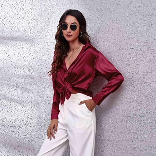 Clotth Damska koszula z długim rękawem z satynowego jedwabiu Button Down Shirt, czerwone wino - m, M
