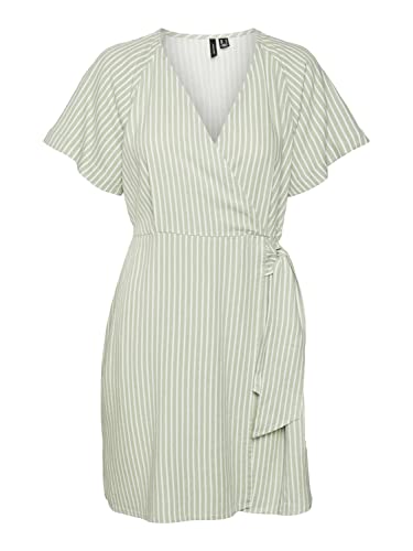 VERO MODA Women's VMMYMILO SS Wide WRAP sukienka na kolano, Reseda/Stripes: Snow White, M, Reseda/paski: śnieżnobiały, M