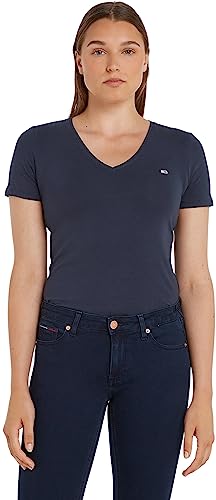 Tommy Jeans damska koszulka z krótkim rękawem TJW Skinny z dekoltem w serek, Ciemna granatowa, L