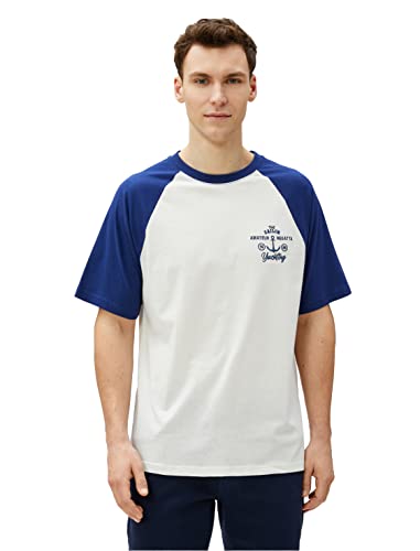 Koton Męski t-shirt z okrągłym dekoltem i motywem marynarskim, z motywem raglanowym, biały (000), L