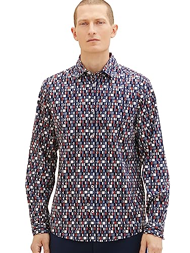 TOM TAILOR Męska koszula ze wzorem Regular Fit Stretch, 32327-Navy Sea Green Red Design, 3XL