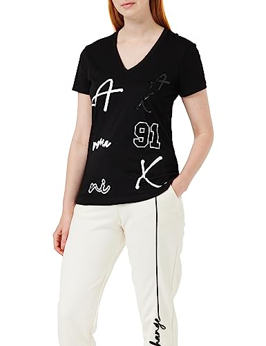 Armani Exchange Damska koszulka bawełniana z dekoltem w serek, czarny, L