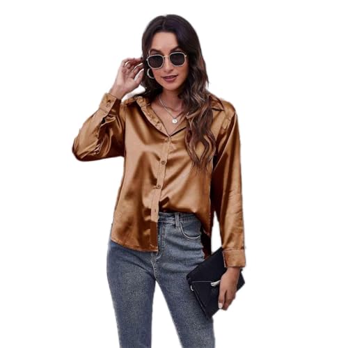 Clotth Damska koszula z długim rękawem z satynowego jedwabiu Button Down Shirt, Brown-XXL, XXL