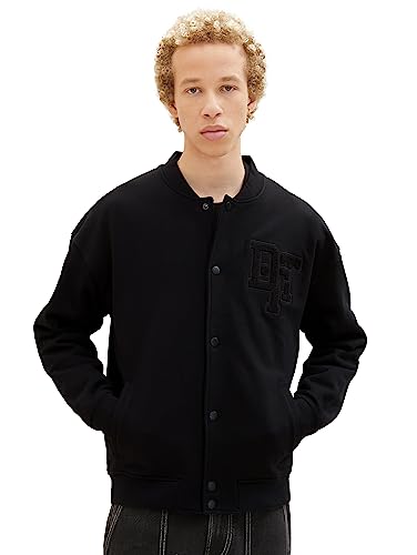 TOM TAILOR Denim Męska kurtka typu Relaxed Fit College z logo z materiału frotte, 29999-czarny, XXL