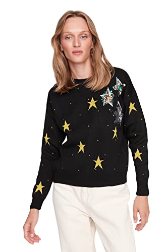 Trendyol Damska bluza z okrągłym dekoltem, geometryczny wzór, regularna, czarna, S, Czarny