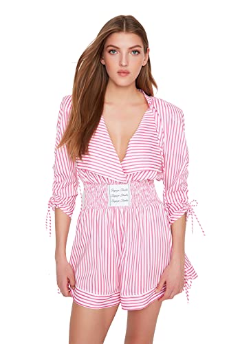 Trendyol Kombinezon damski w paski, tkany kombinezon, Biały-różowy, 38