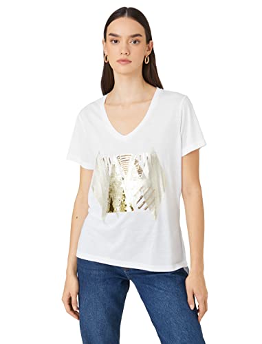Koton Koszulka damska Relax Fit V Neck Short Sleeve Sequin Printed T-Shirt, Off White (001), XXL