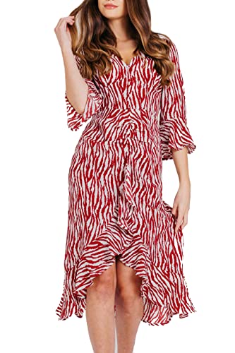 Pretty Darling Damska sukienka midi z dekoltem w serek z falbanami 3/4, wysoka talia, na co dzień, boho, koktajlowa, wakacyjna sukienka midi, biała, 10, biały, 36