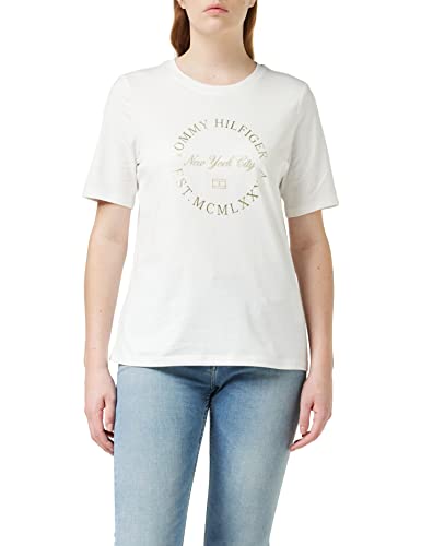 Tommy Hilfiger Damskie reg metaliczne okrągłe C-Nk Ss S/S dzianinowe topy, ecru, M, Ecru, M