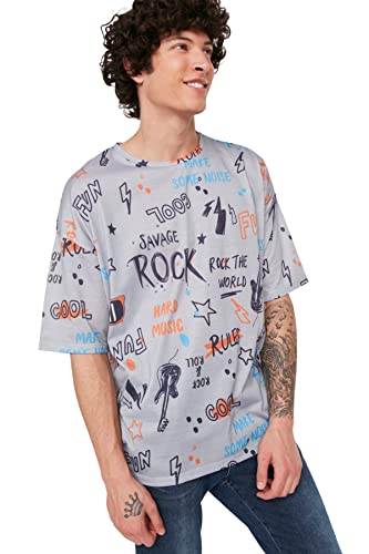 Trendyol Męska koszulka męska młoda oversize basic okrągły dekolt tkany t-shirt, Szary, L