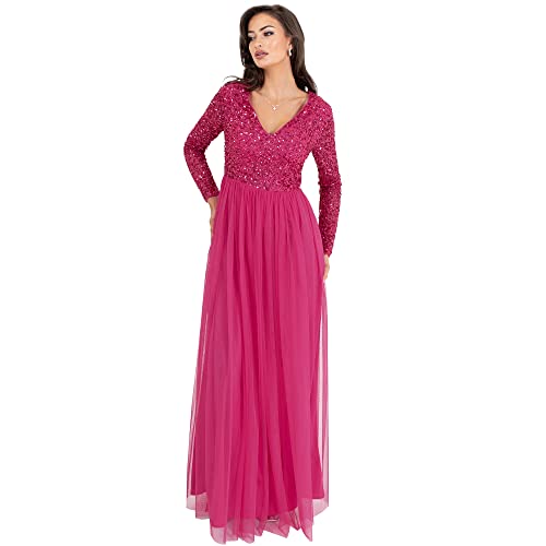 Maya Deluxe Damska Sukienka Rękaw Na Ślubny Goście V Neck High Empire Talii Maxi Długa Długość Wieczorna Bridesmaid Prom Sukienki, Fuschia, 46 Kobiet, Fuschia, 42