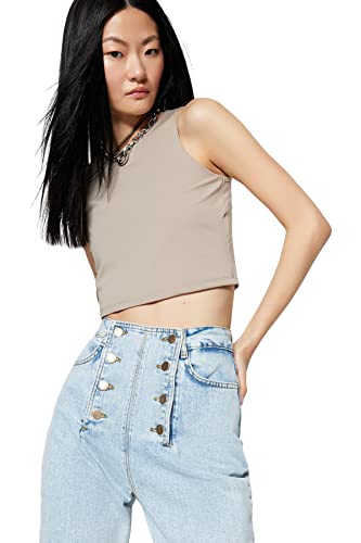 Trendyol Damska koszulka slim fit basic z okrągłym dekoltem z dzianiny, Norka, XS