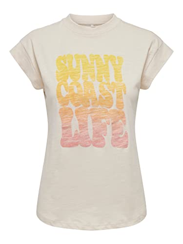ONLY Damska koszulka Onlzoe S/L Beach TOP Box JRS T-Shirt, sandshell/nadruk: Sunny, M, Sandshell/nadruk: sunny, M
