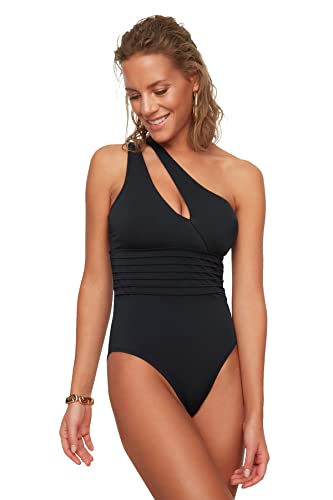 Trendyol Women's Ribs szczegółowo jeden kostium kąpielowy na ramię, jednoczęściowy strój kąpielowy, czarny, 34