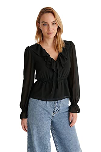 NA-KD Frill V-Neck Szyfon Blouse Damska koszula, Czarny, 32