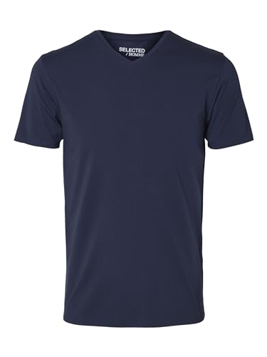 SLHNEWPIMA koszulka męska Selected z dekoltem w serek, jednokolorowa, basic, z krótkim rękawem, rozciągliwa bawełna, niebieski (navy Blazernavy Blazer), M
