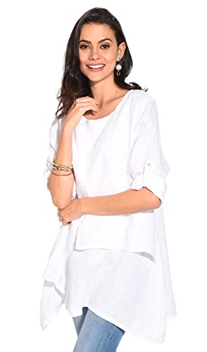 Damska sukienka 100% lniana Made in Italy, Krótka sukienka w paski z dekoltem łódką i pół rękawem, jasna khaki, rozmiar: XL, Khaki Claire, XL
