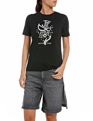Replay T-shirt damski z krótkim rękawem z nadrukiem, 098 BLACK, L