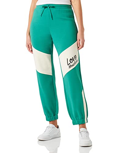 Love Moschino Regularne Fit Jogger z kontrastem Color Inserts And Italic Logo Print Spodnie Damskie Casual, Zielony Beżowy, 34