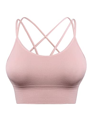 Sykooria Sportowy biustonosz damski, wyściełany biustonosz bez fiszbin, ramiączka spaghetti, wzór Cross Back Push up, biustonosz sportowy do jogi, fitnessu, Cielisty proszek, L
