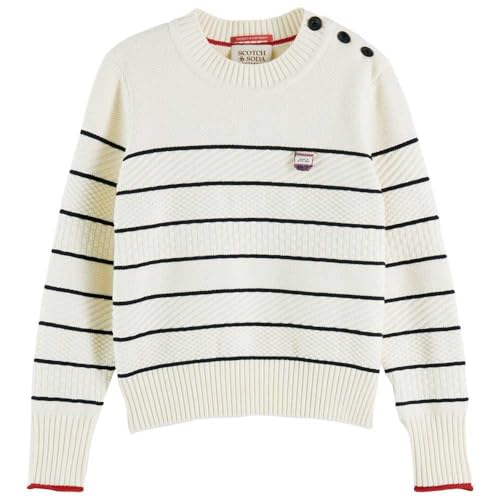 Scotch & Soda Damski sweter z guzikami na ramię w paski, ecru 0003, L, Ecru 0003, L