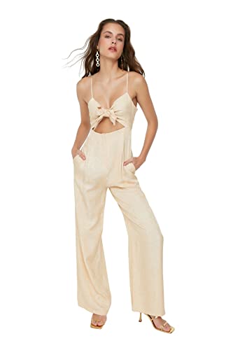 Trendyol Kombinezon damski, jednokolorowy, tkany kombinezon, Ecru, 10