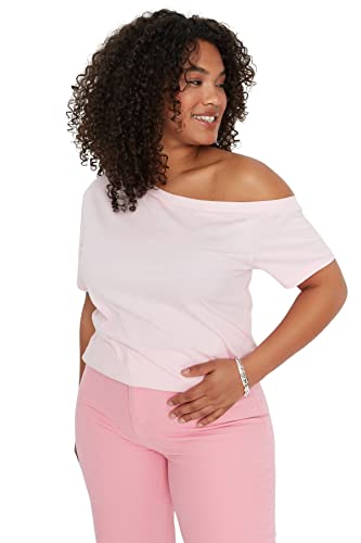 Trendyol Damska plus size dopasowana standardowa asymetryczna obroża tkana bluzka plus size, różowy, 5XL (Duże Rozmiary)