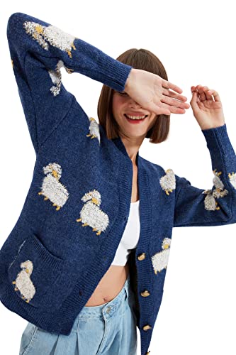 Trendyol Damski standardowy standardowy kardigan z dzianiny z dekoltem w serek, NIEBIESKI, S