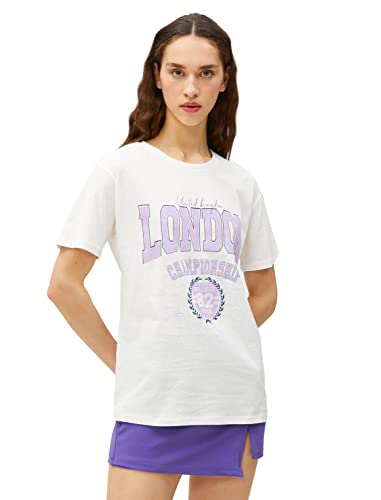 Koton Damska koszulka z nadrukiem Crew Neck Short Sleeve Cotton T-Shirt, Off White (001), S