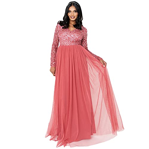 Maya Deluxe Womens Dress Sleeve For Wedding Guest V Neck High Empire Waist Maxi Long Length Evening Bridesmaid Prom Sukienka damska, Vermillion, 8