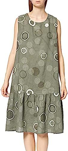 Bonateks, Średniej długości okrągły kołnierz sukienka z nadrukiem i marszczonym dnem, 100% len, rozmiar DE: 42 rozmiar US: XL, lekki khaki - wyprodukowano we Włoszech, zielony, 42