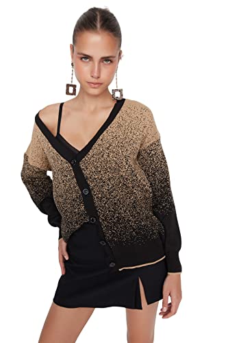 Trendyol Damski standardowy standardowy kardigan z dzianiny z dekoltem w serek, Brązowy, S