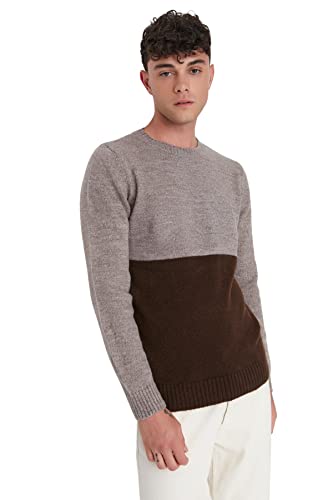 Trendyol Męska bluza z okrągłym dekoltem Colorblock Slim sweter, kolor norek, XL, Kolor norek, XL