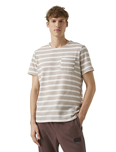 Koton Męski T-Shirt w paski, z kieszenią, beżowy pasek (34K), XXL