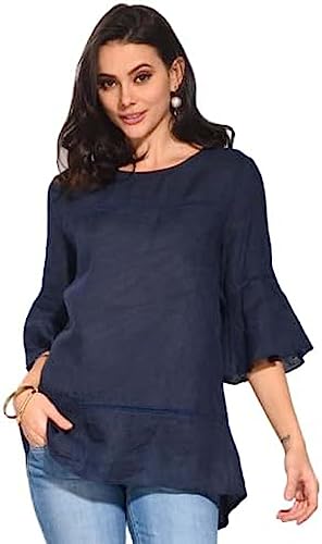 Bonateks, Długa sukienka z okrągłym kołnierzem, przednimi fałdami i krótkimi rękawami, 100% len, rozmiar DE: 42, rozmiar US: XL, granatowa - wyprodukowano we Włoszech, niebieski, 42