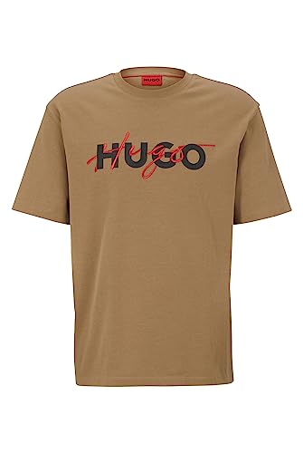 HUGO Męski T-shirt Dakaishi z bawełnianego dżerseju z podwójnym nadrukiem logo, Open Brown242, S