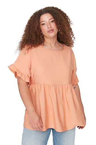 Trendyol Damska bluzka plus size regularna linia A okrągły dekolt tkana bluzka plus size, pomarańczowy, 70