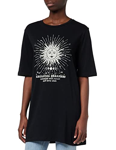 Noisy may Damska koszulka nocna NMZODIAC 2/4 Sleeve TOP FWD S, czarna/nadruk: Sun, L, Black/Print:sun