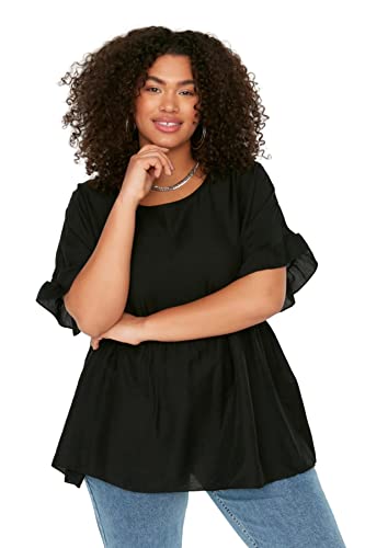TRENDYOL Damska bluzka w dużych rozmiarach, oversized shift, okrągły dekolt, materiał tkany, plus size, czarny, 42