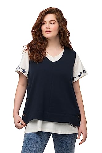 Ulla Popken Damska bluza dresowa, boczne guziki, dekolt w serek, bluza bez rękawów, morski, 42-44 duże rozmiary