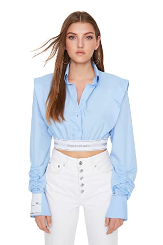 Trendyol Damska koszula o regularnym kroju z kołnierzykiem, Jasnoniebieski, 64