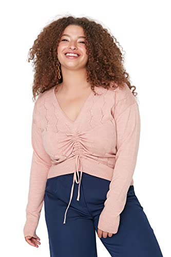 Trendyol Damska bluza z dekoltem w serek Ajouré Regular Plus Size, Różowa, XXL, różowy, XXL