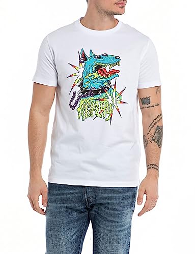 Replay Męski T-shirt z krótkim rękawem, okrągły dekolt, nadruk psa, biały (White 001), XS, Biały 001, XS